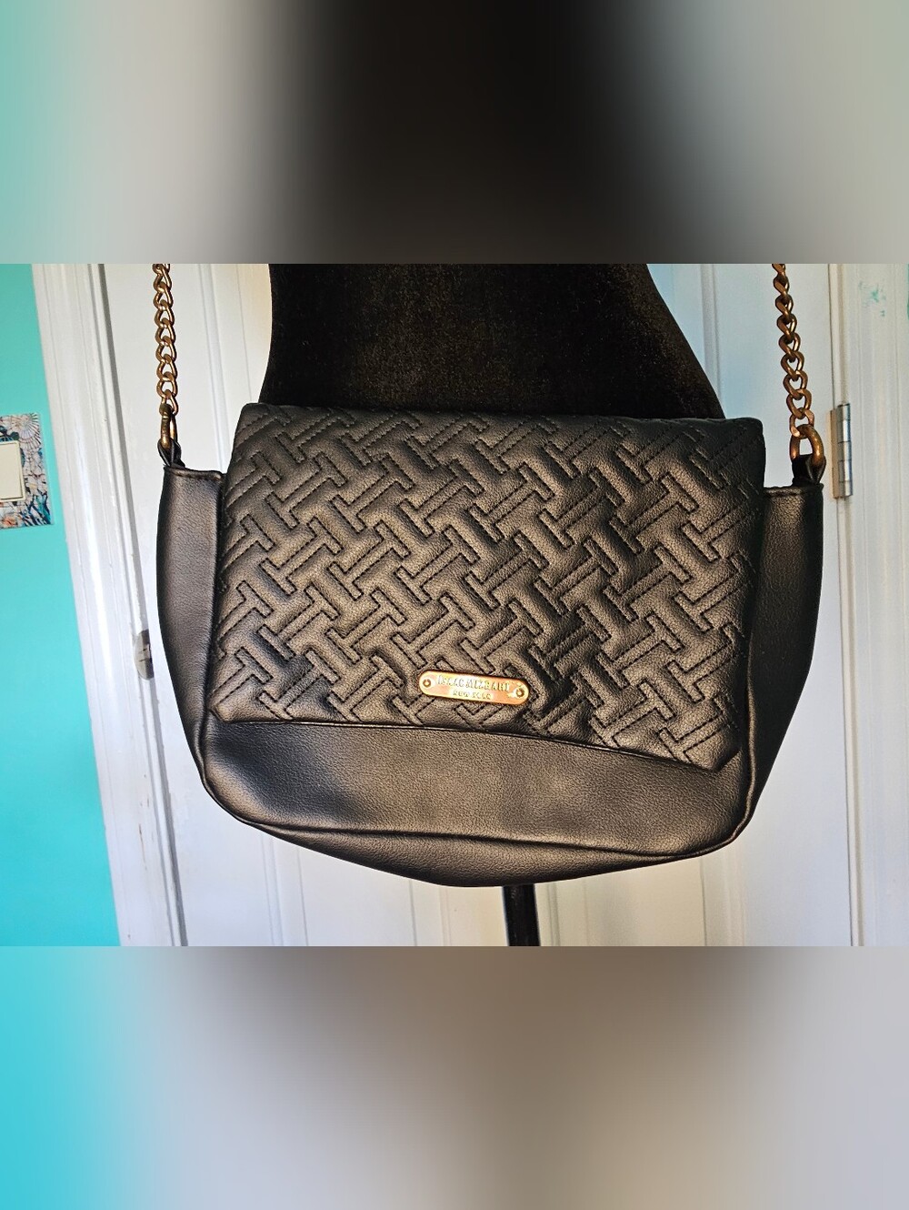 Izaac Mizrahi Black Faux Leather Crossbody Bag with Gold Plaque OS